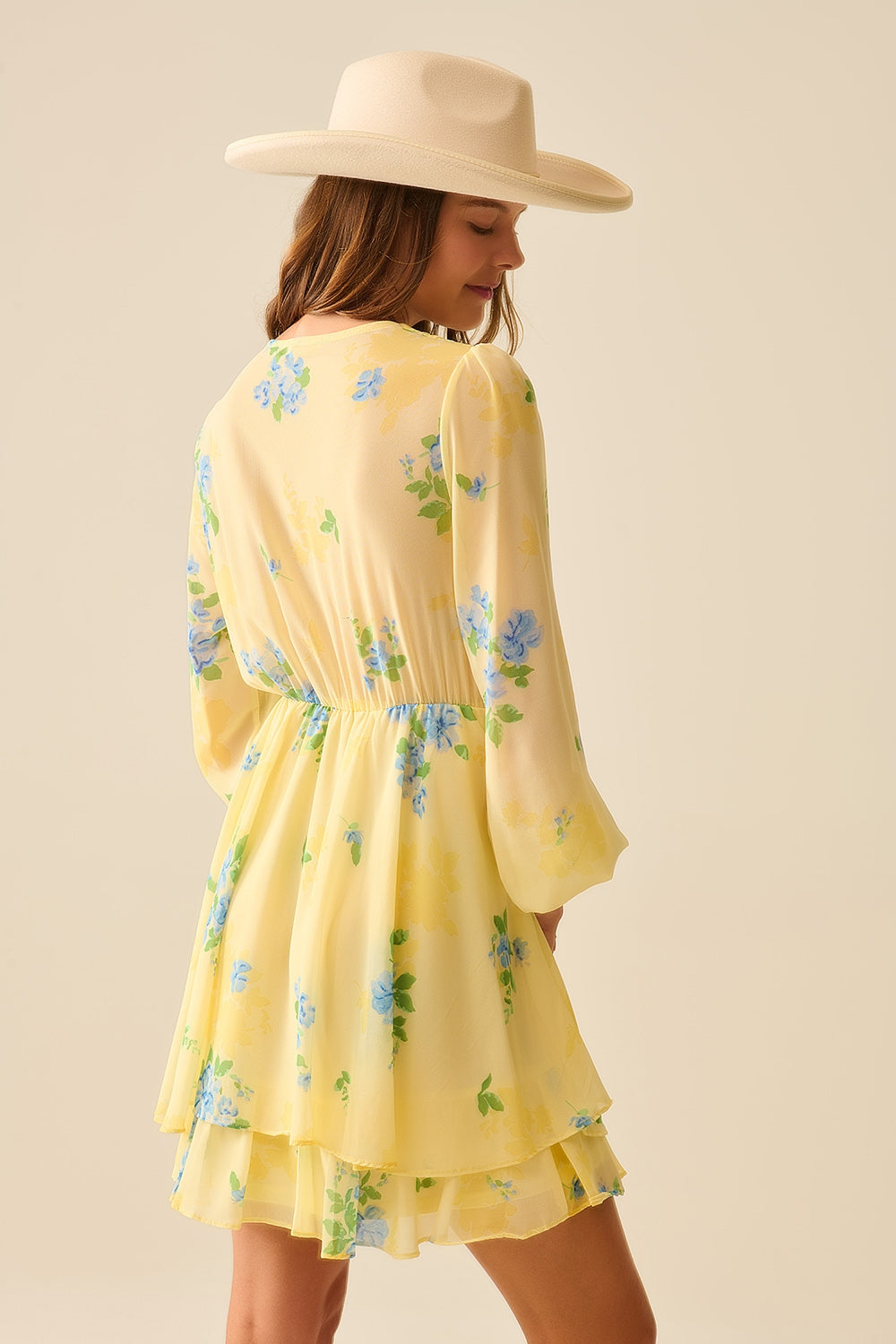 Butter yellow spring mini dress with ruched design