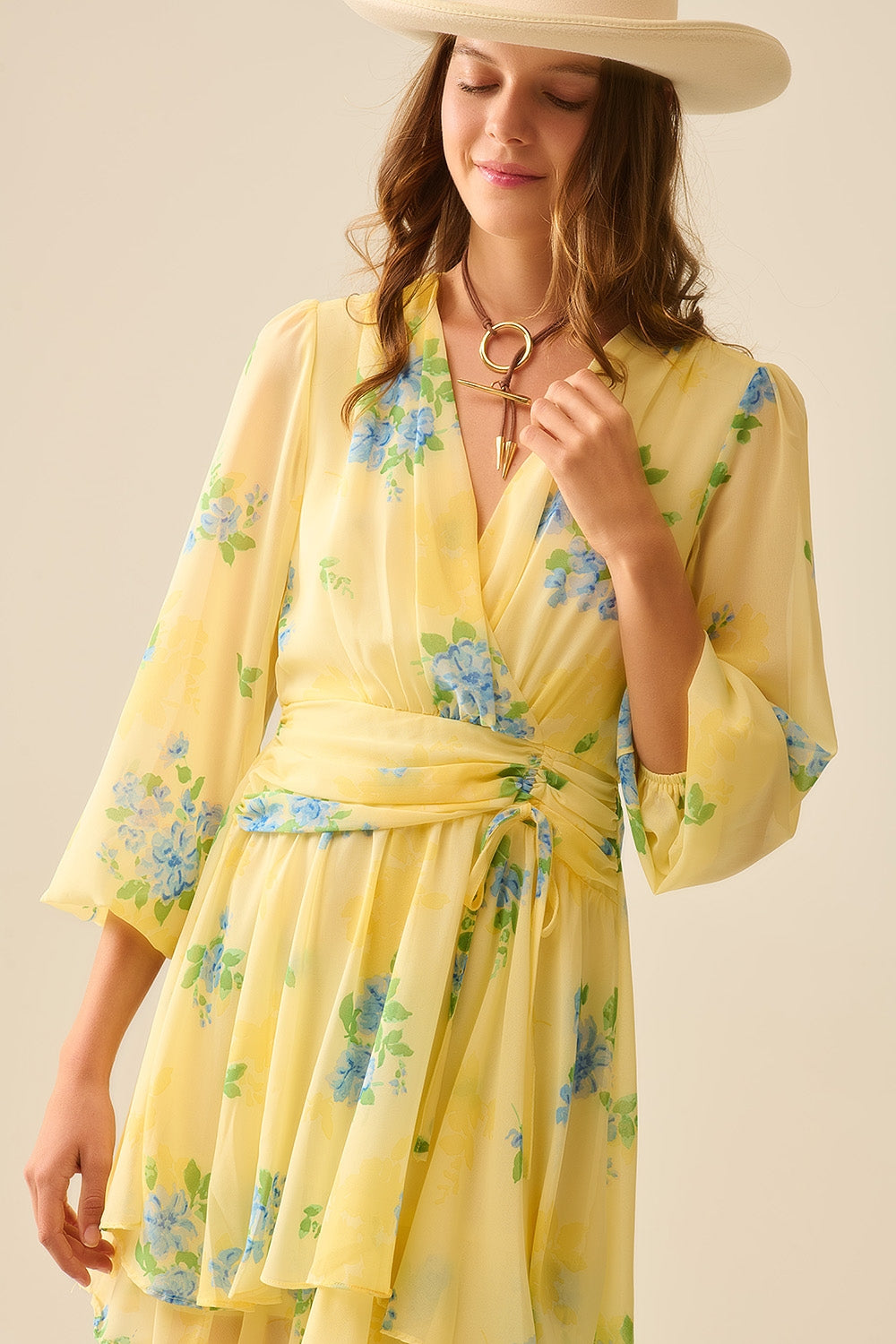 Butter yellow spring mini dress with ruched design
