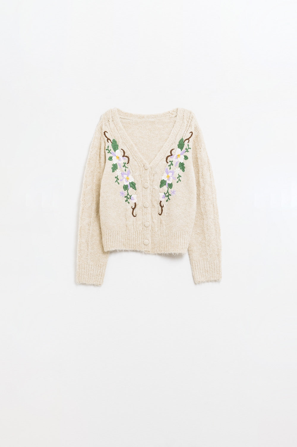 Q2 Cable Knit Beige Cardigan With embroidered Flowers