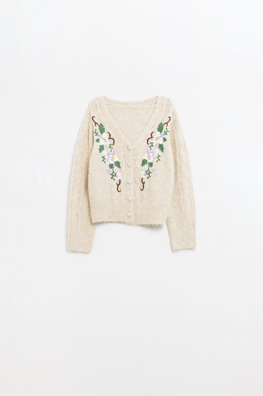 Q2 Cable Knit Beige Cardigan With embroidered Flowers