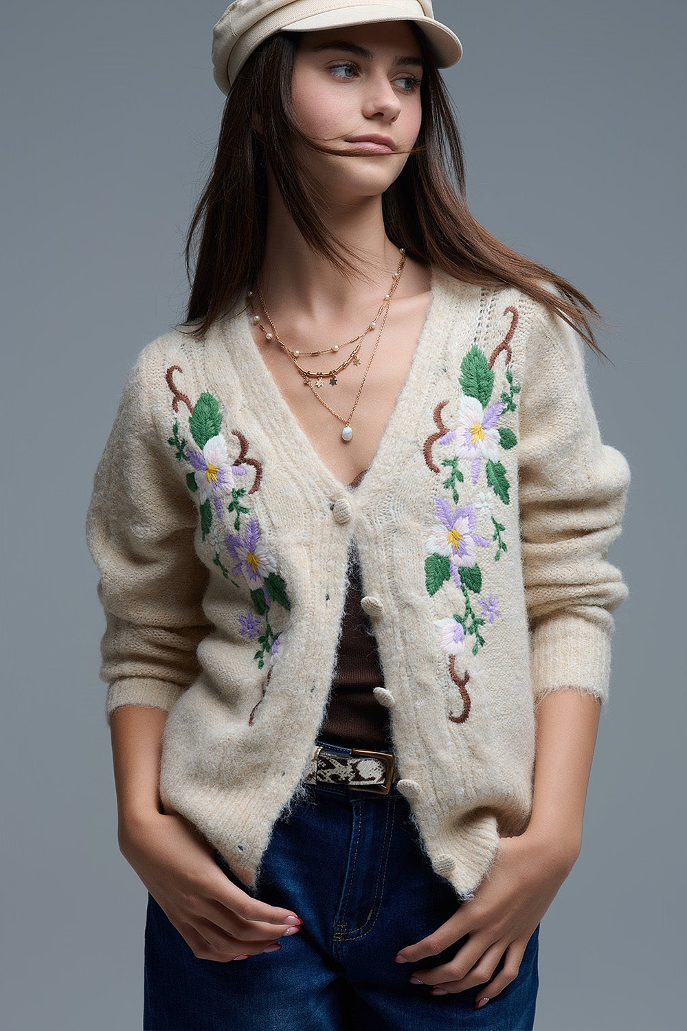 Cable Knit Beige Cardigan With embroidered Flowers