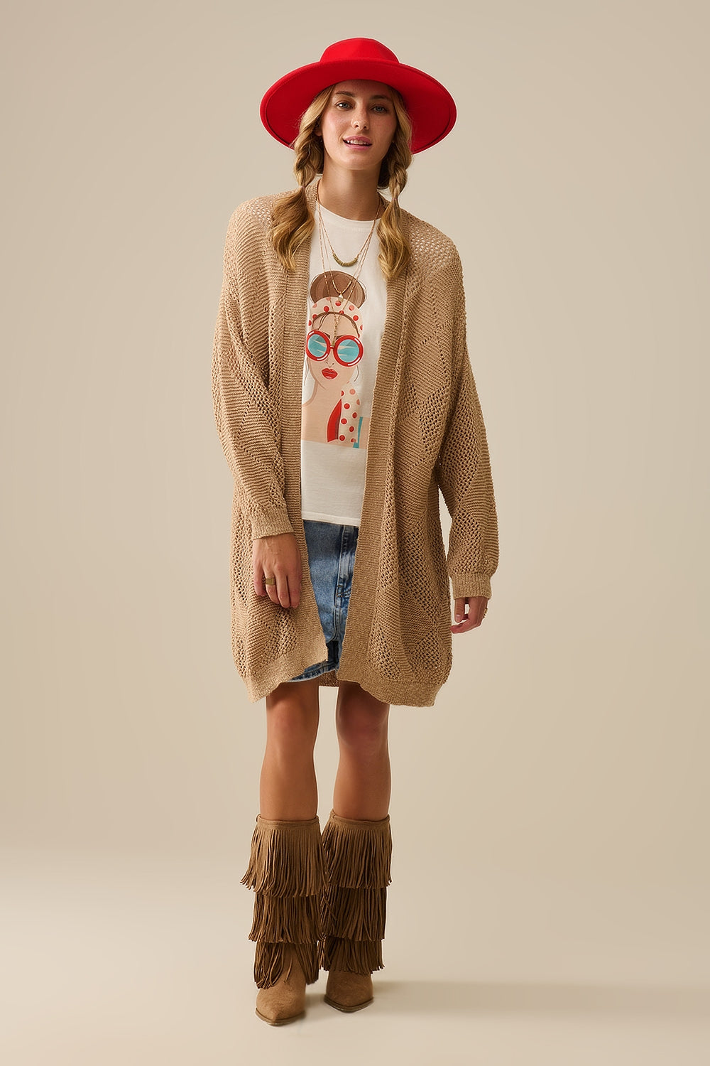 Camel Draped Cardigan With Crochet Design