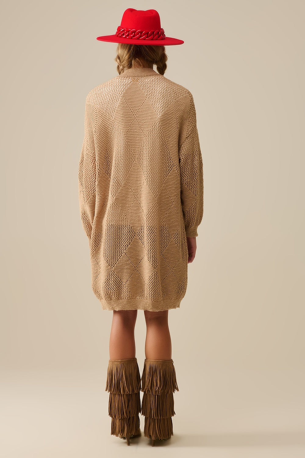 Camel Draped Cardigan With Crochet Design