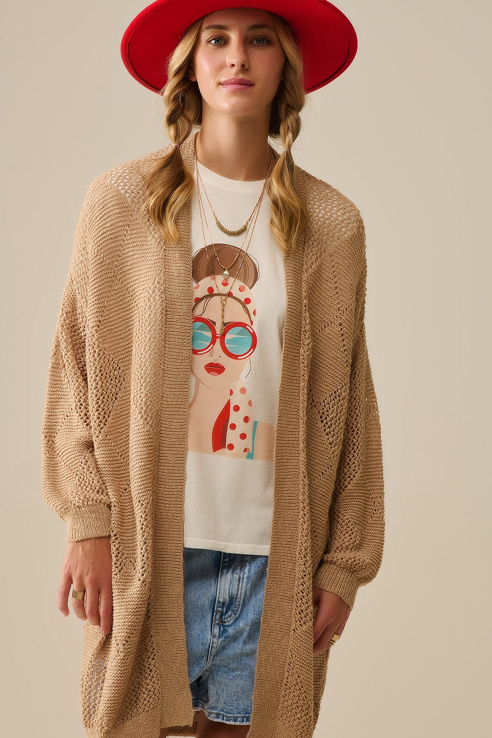Camel Draped Cardigan With Crochet Design