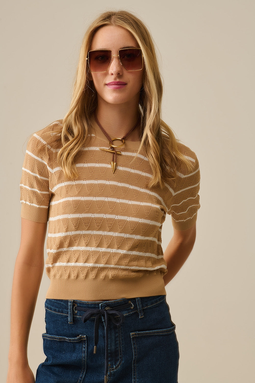 Camel Openwork Knit Top with Short Sleeves and White Stripes
