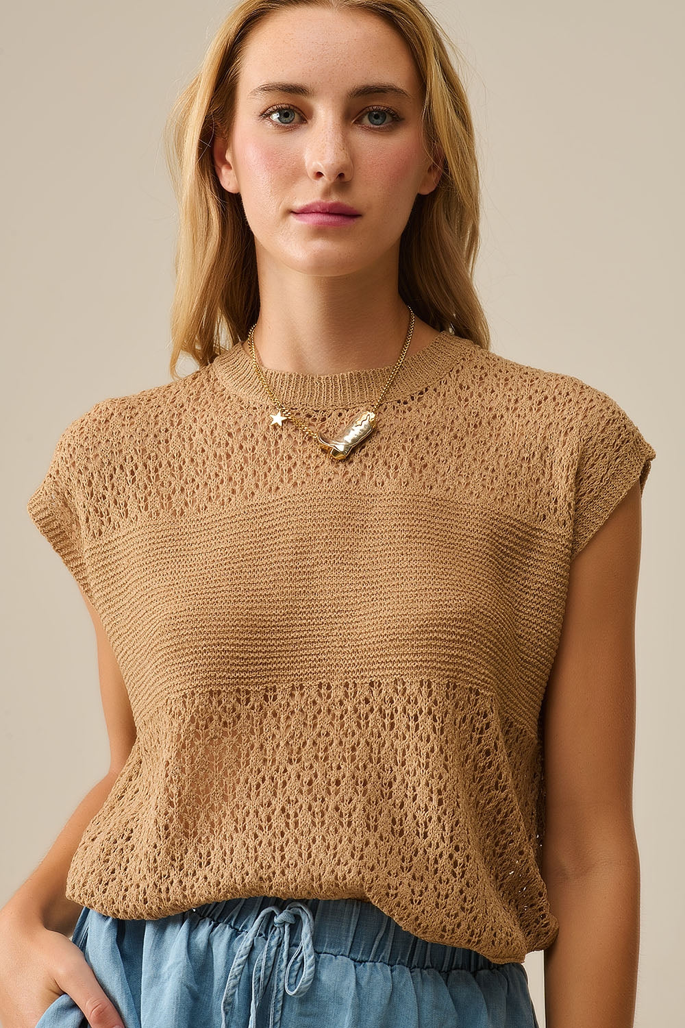 Q2 Camel sweater with soft open knit and dropped sleeves