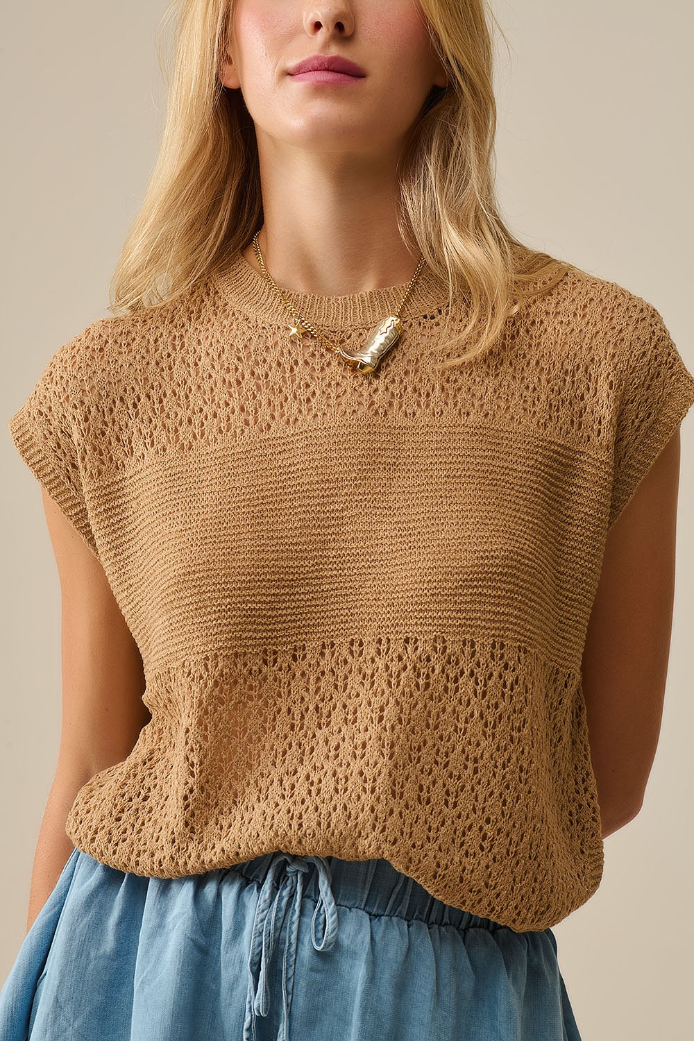 Camel sweater with soft open knit and dropped sleeves