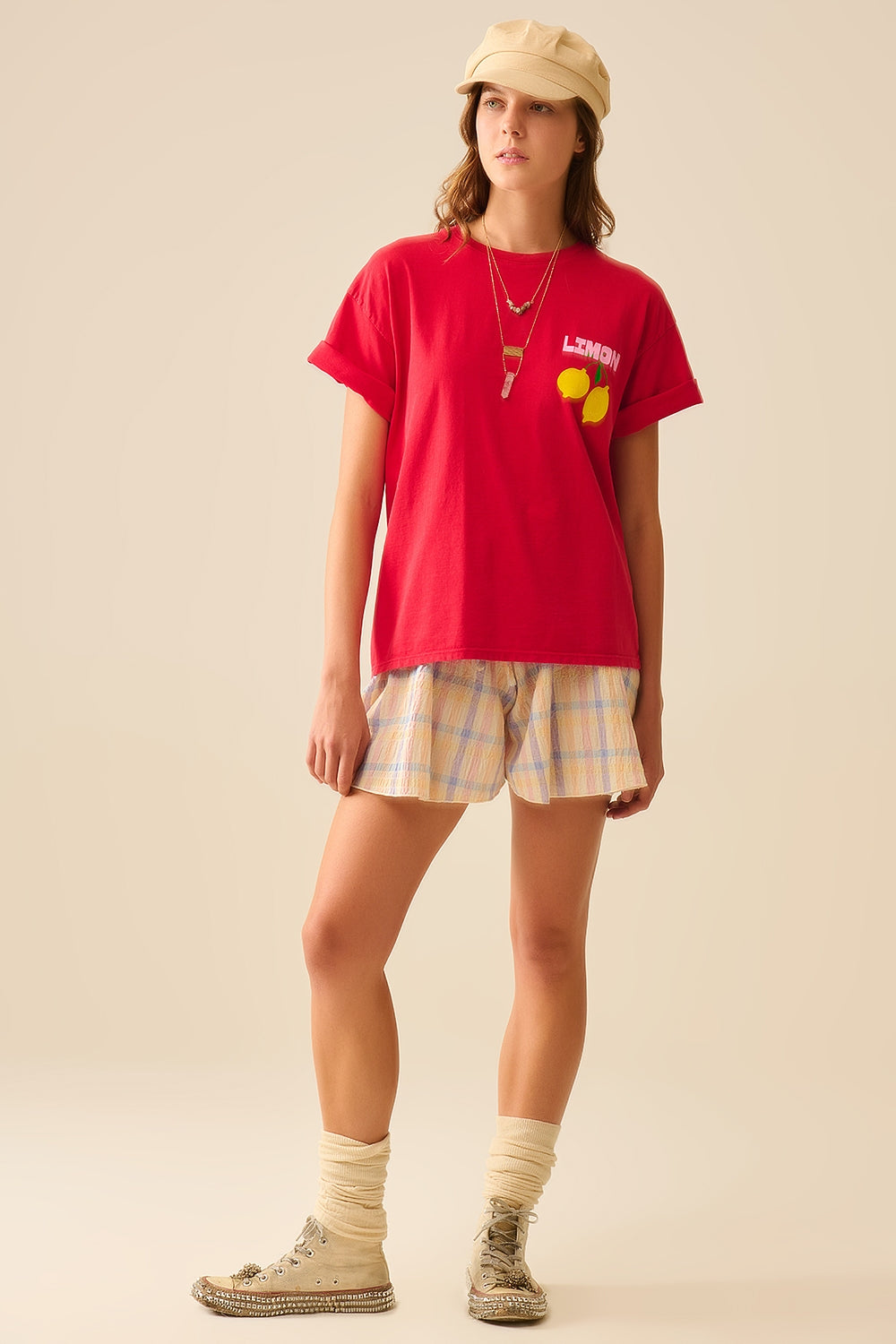 Checkered flowy short with Drawstring Waistband Multi-color