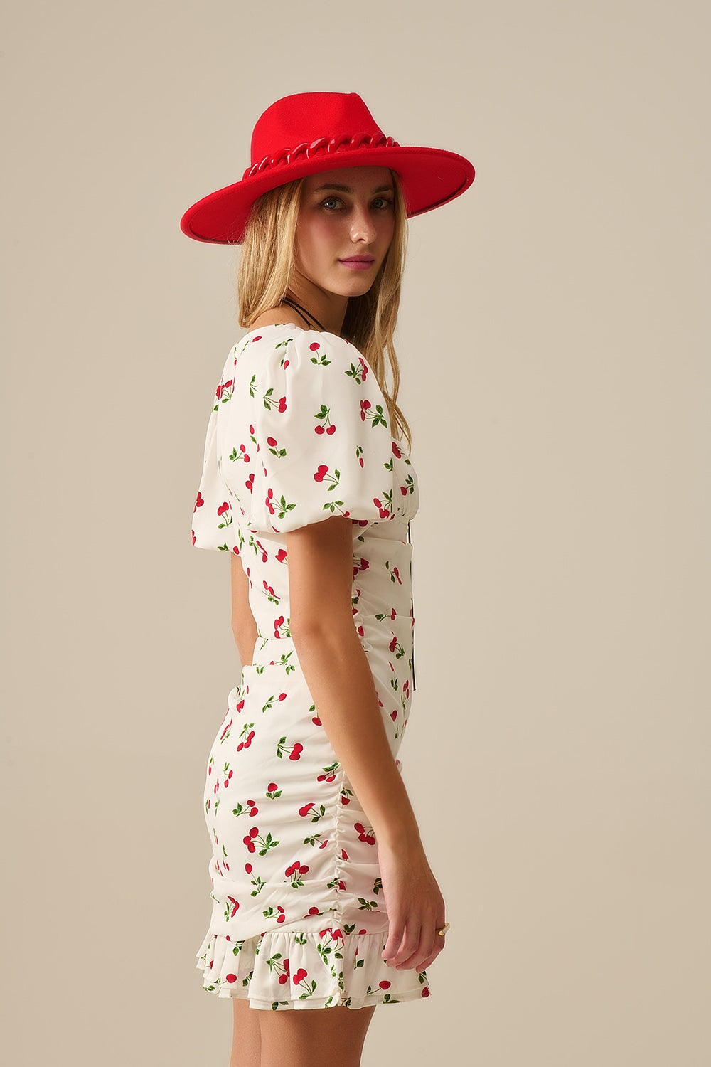 Cherry Puff Sleeve Mini Dress