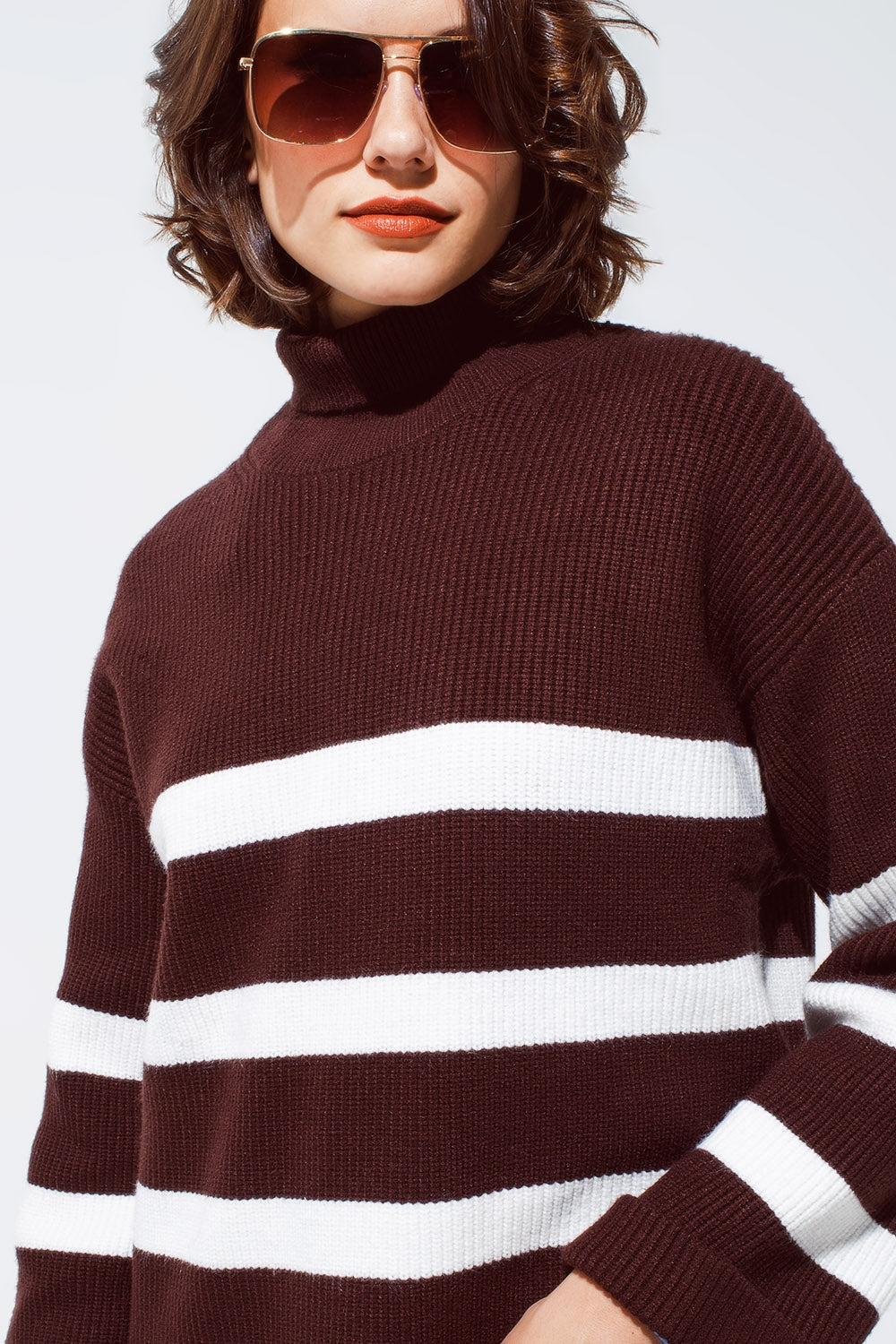 Chocolate Brown turtle neck sweater with white stripes