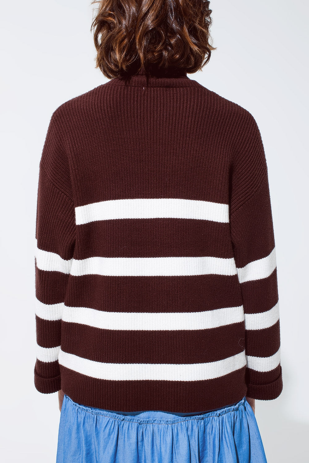 Chocolate Brown turtle neck sweater with white stripes