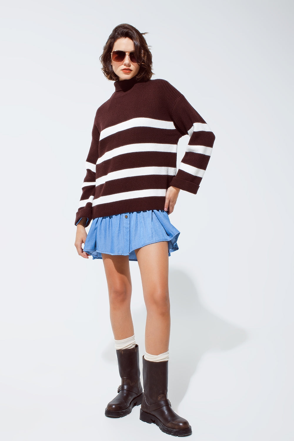 Chocolate Brown turtle neck sweater with white stripes
