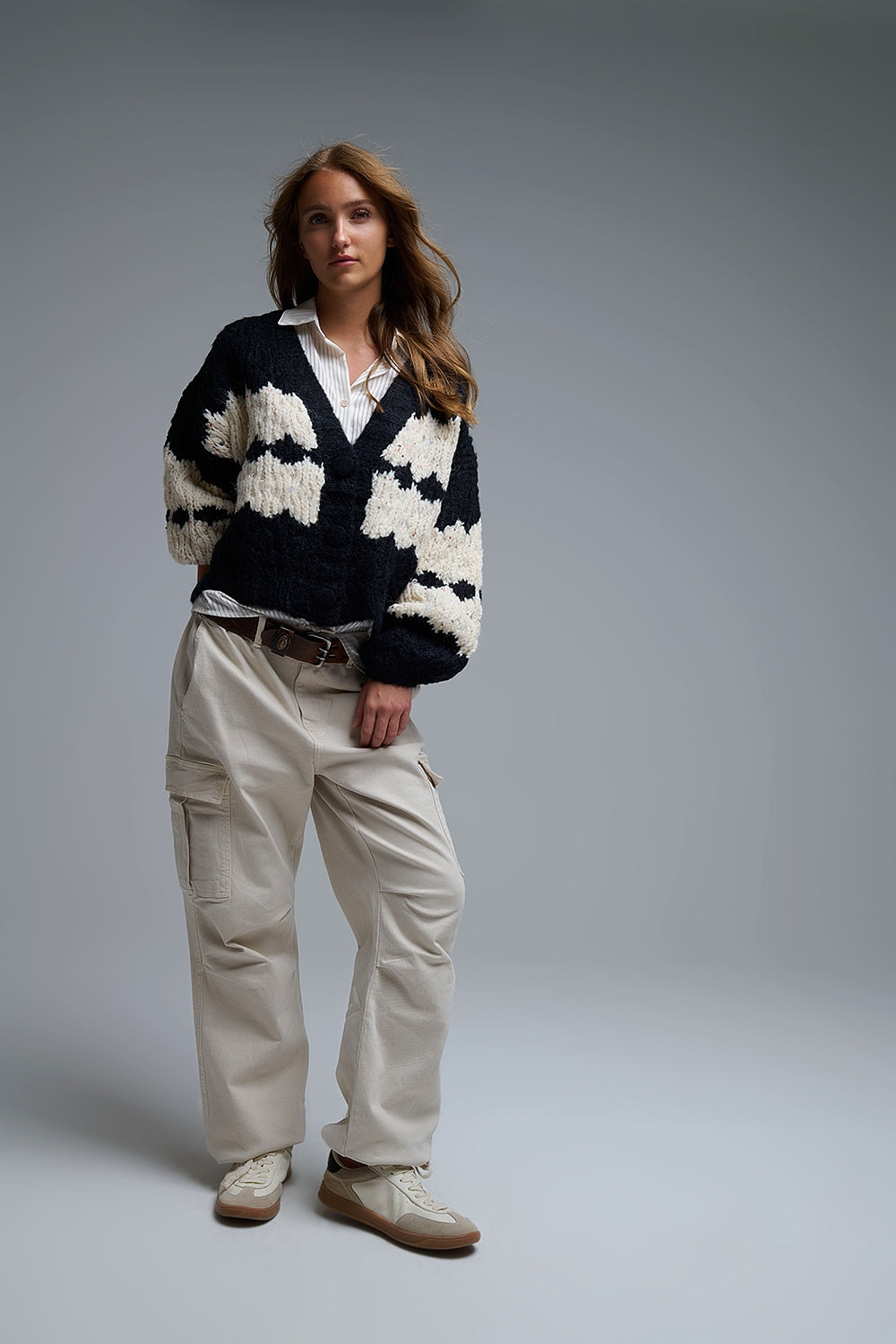 Chunky Knit Striped Cardigan With Sequin Details in Black
