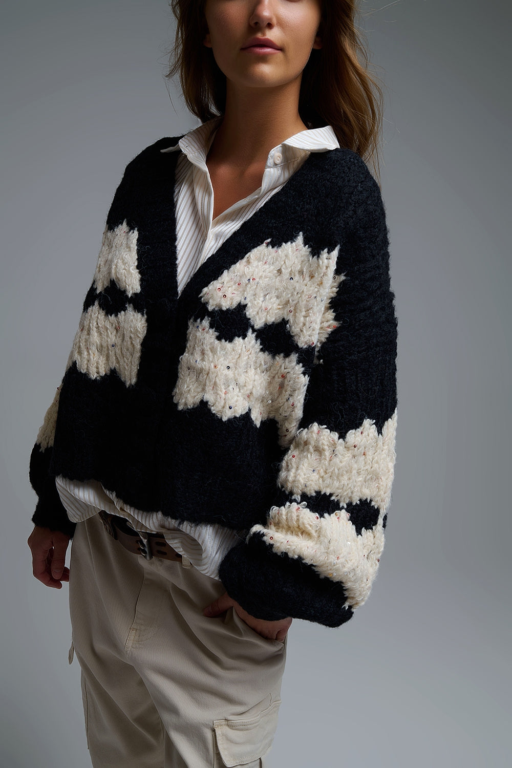 Chunky Knit Striped Cardigan With Sequin Details in Black