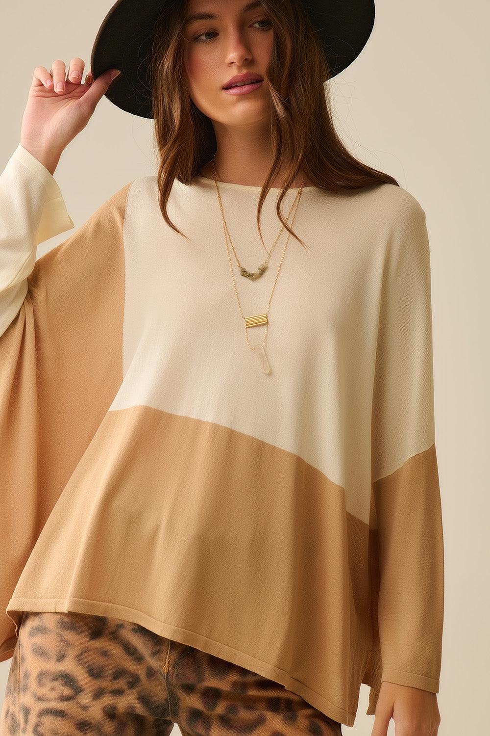 Color Block Bat Wing Sweater In White and camel