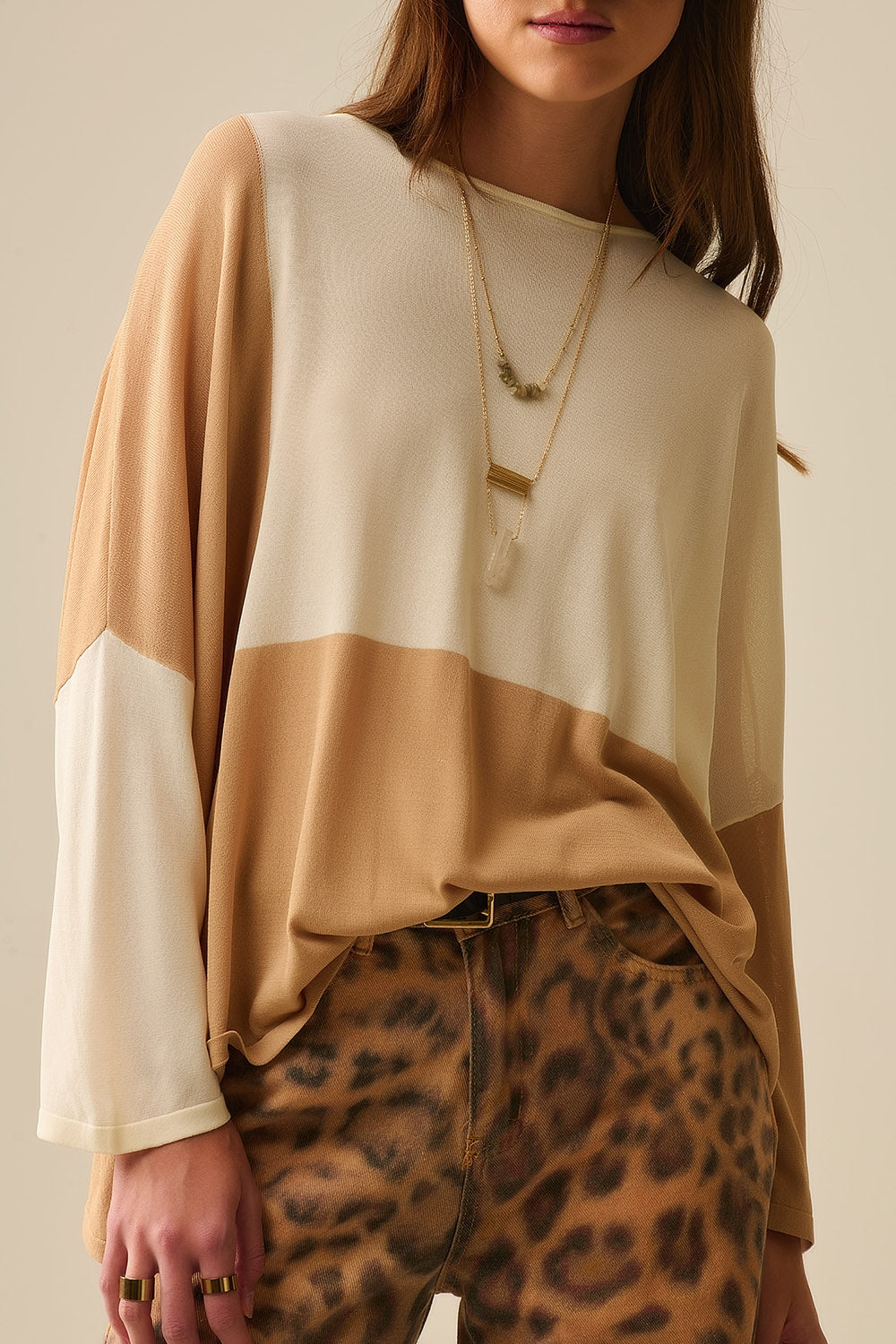 Color Block Bat Wing Sweater In White and camel