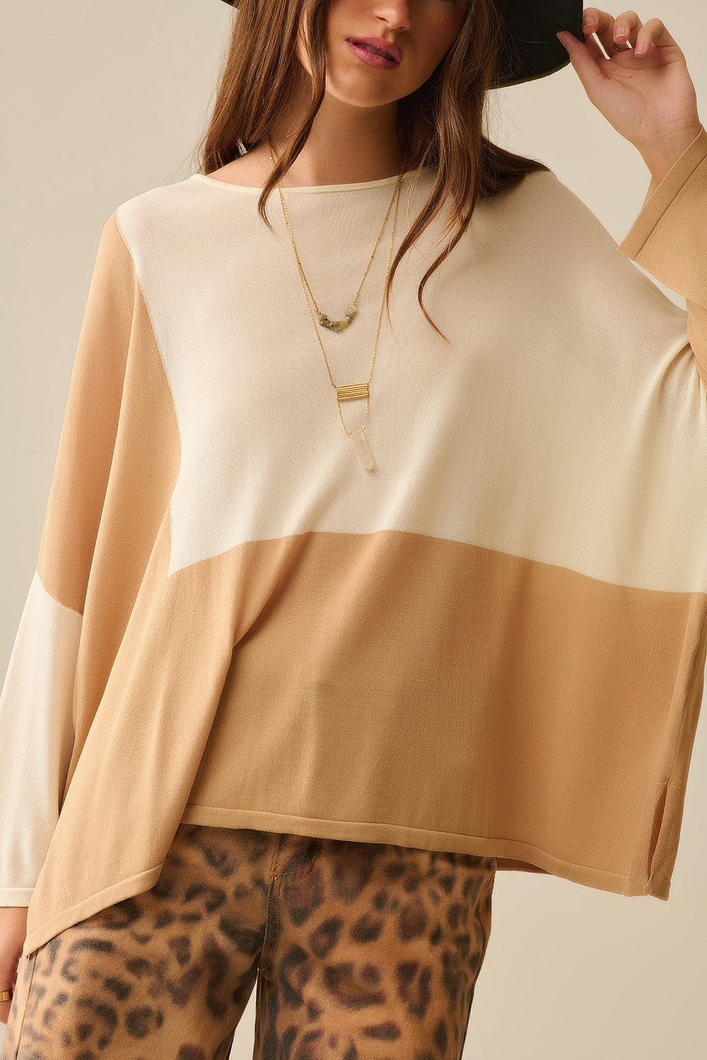 Color Block Bat Wing Sweater In White and camel