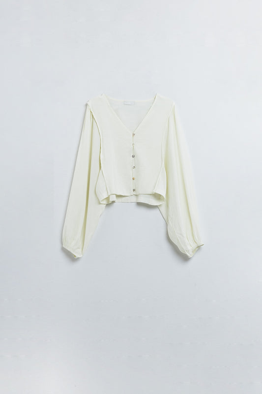 Q2 Cream blouse with balloon sleeves and frontal closure with buttons