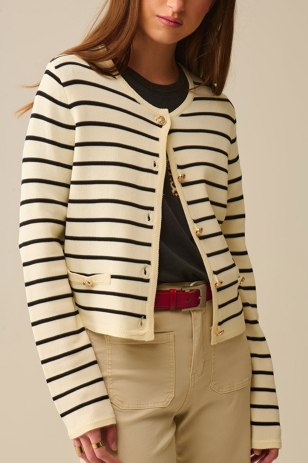Cream Cardigan with Black Stripes and Gold Buttons