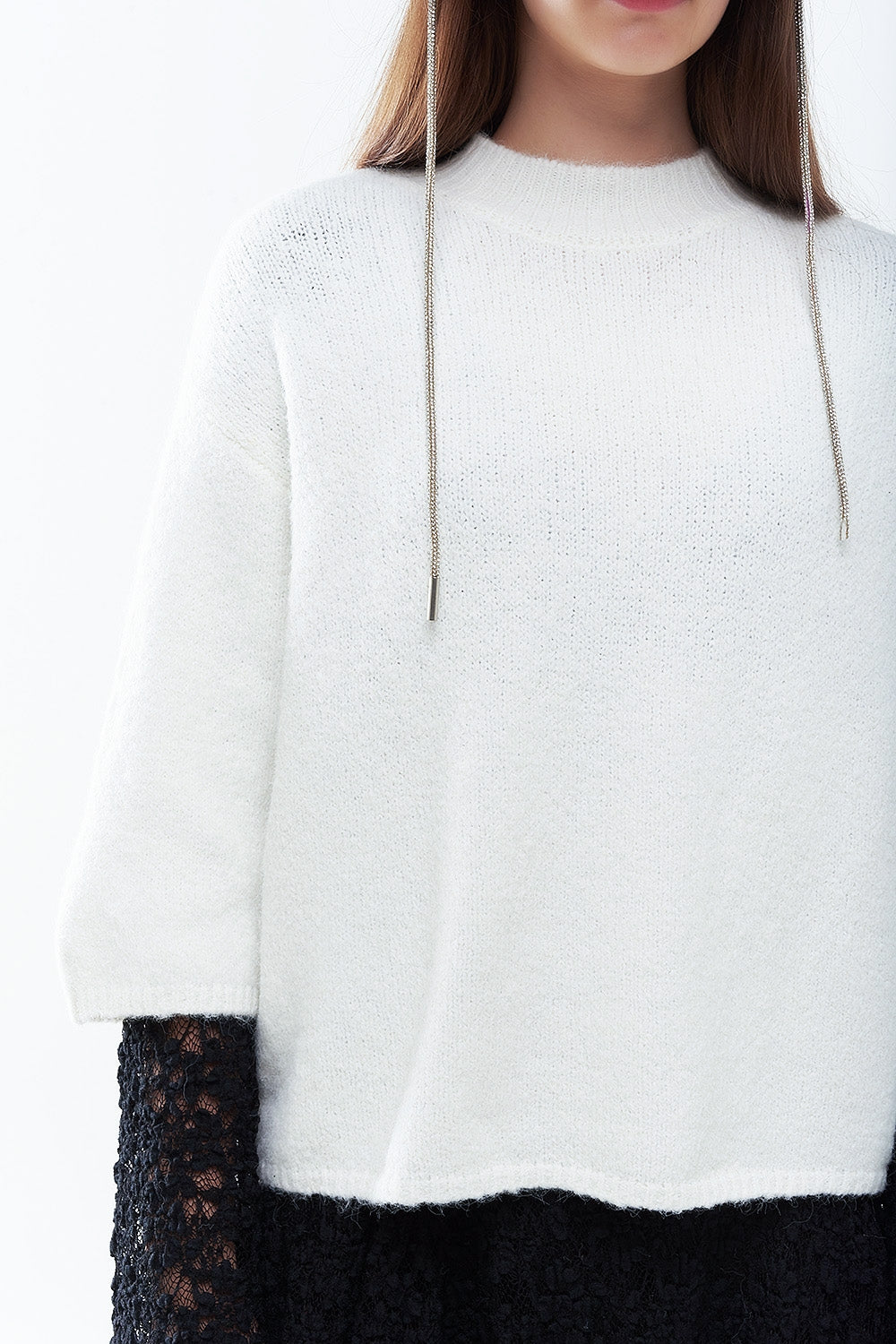 cream Fluffy sweater with three-quarter sleeves and round neck