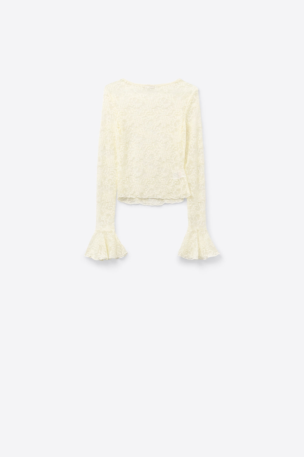 Cream lace top with long flared sleeves and ruffles
