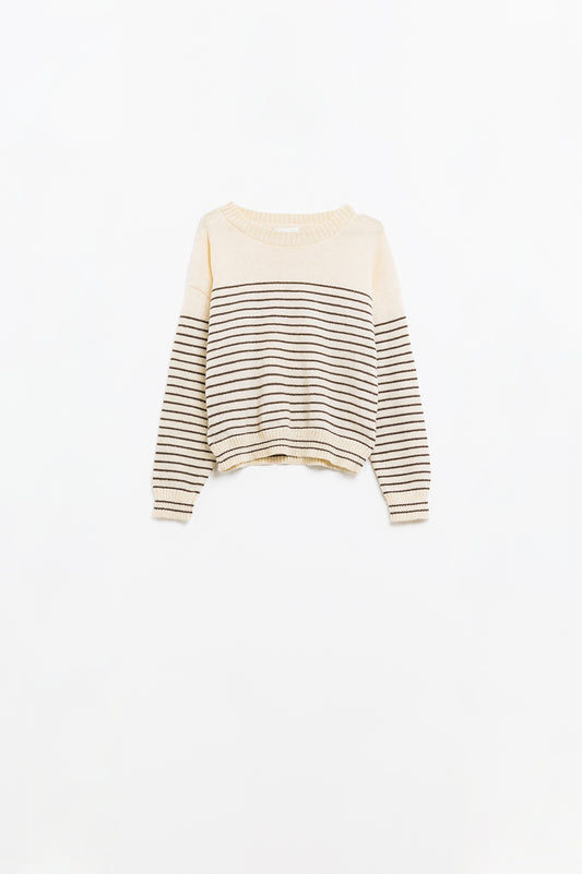 Q2 Cream sweater with brown stripes and boat neck