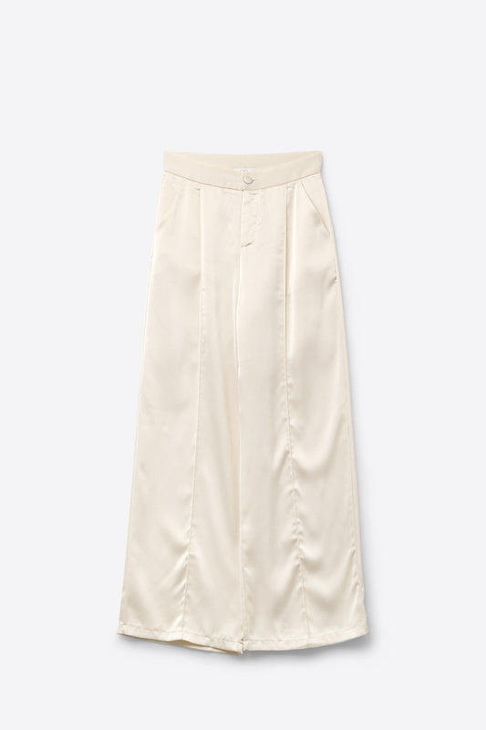 Q2 cream wide leg pants in textured satin