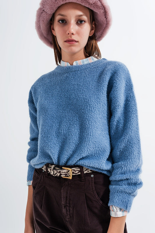 Q2 Crew neck jumper in rib with fluffy yarn in blue