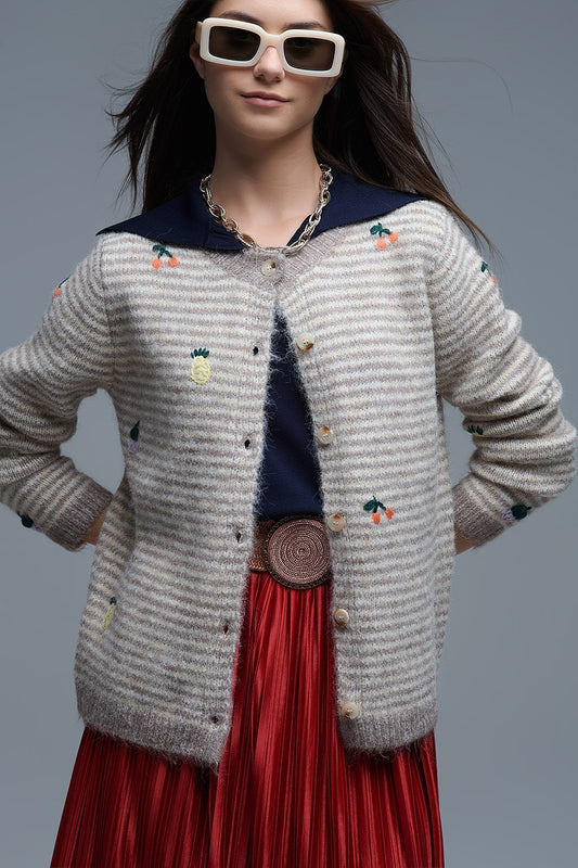 Q2 Crew Neck Striped Cardigan With Embroidered Fruits in Beige
