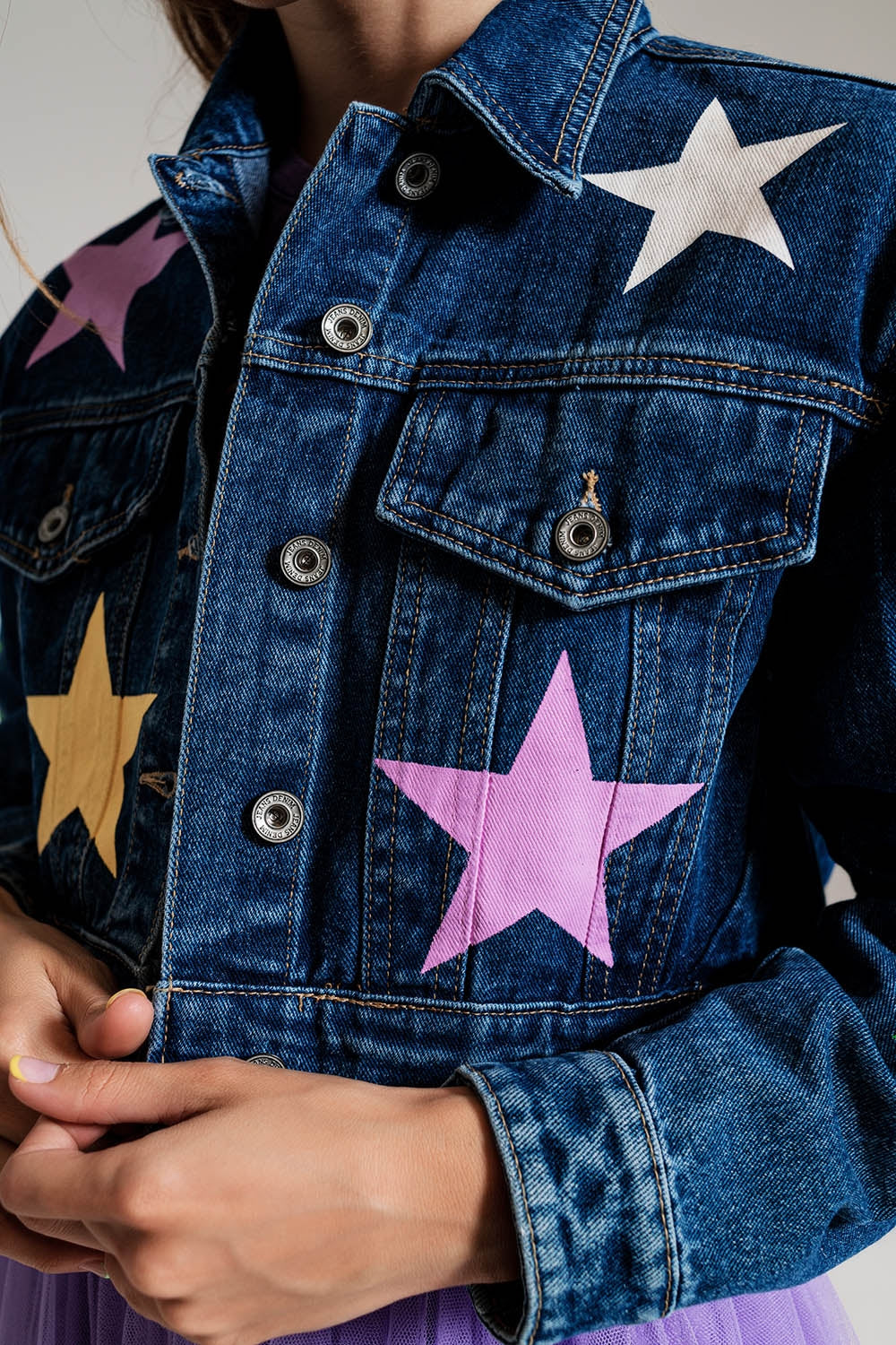 crop denim jacket with multicolored stars