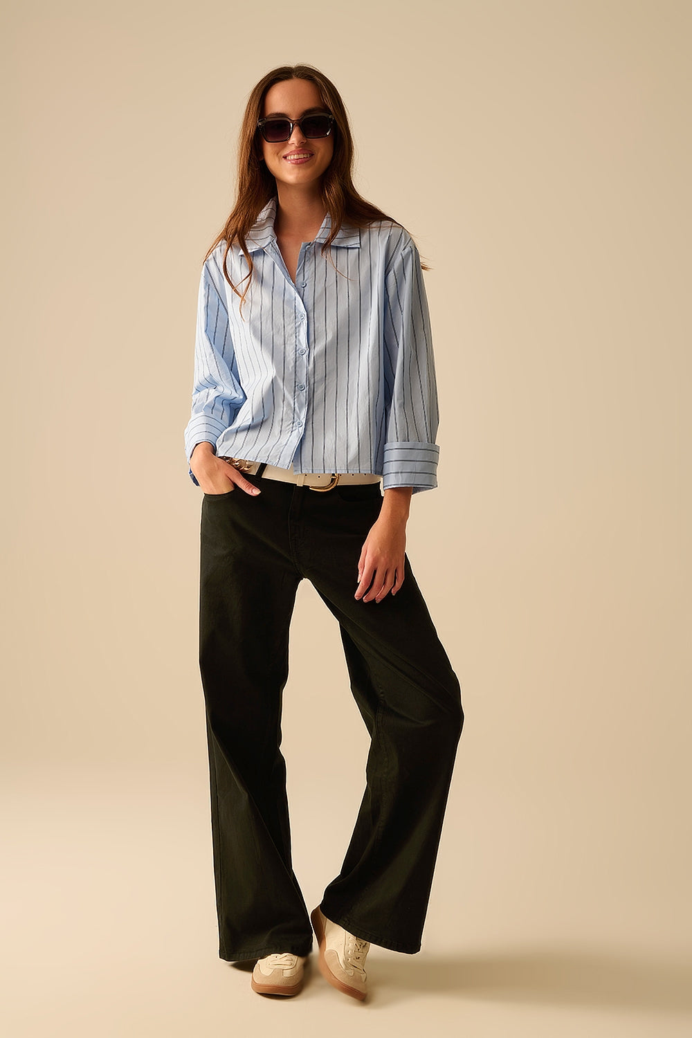 cropped blue striped poplin shirt