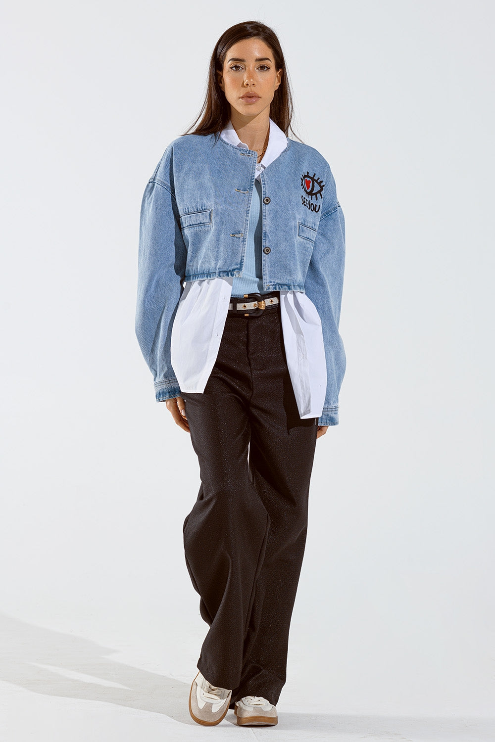 Cropped denim jacket with hand painted print at front and back