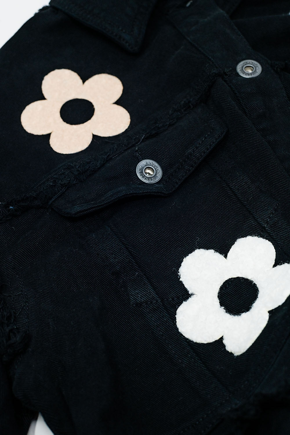Cropped Jacket With Chest Pockets and Flower Details in black