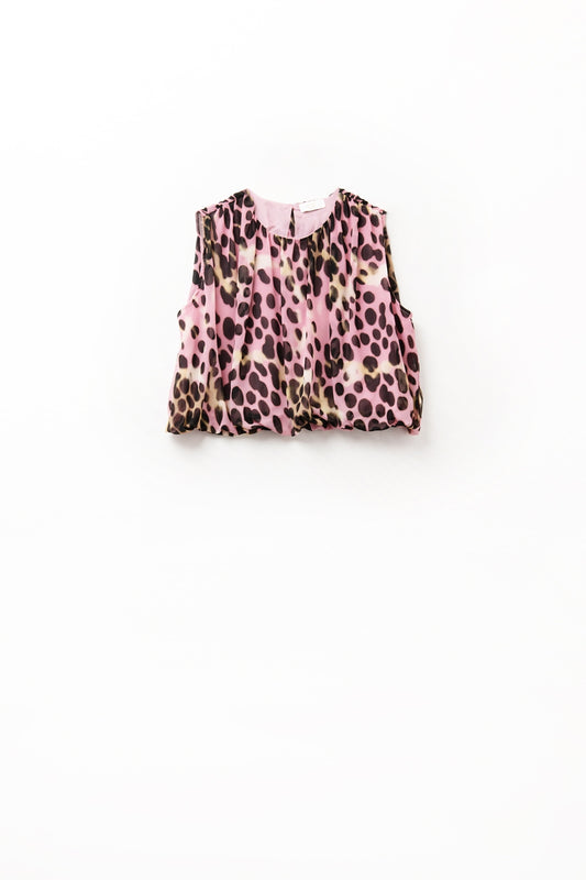 Q2 Cropped Pleated Animal Print Top in Pink and brown