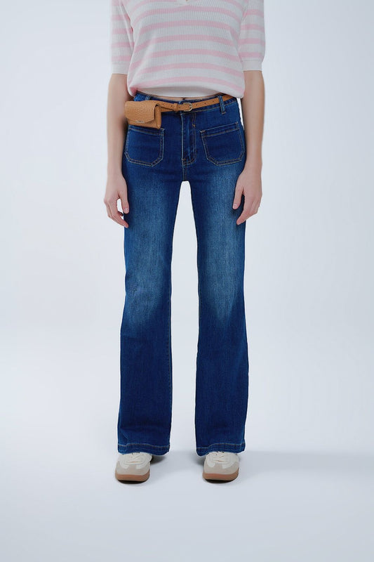 Q2 Dark Blue Flared Jeans with Front Pockets