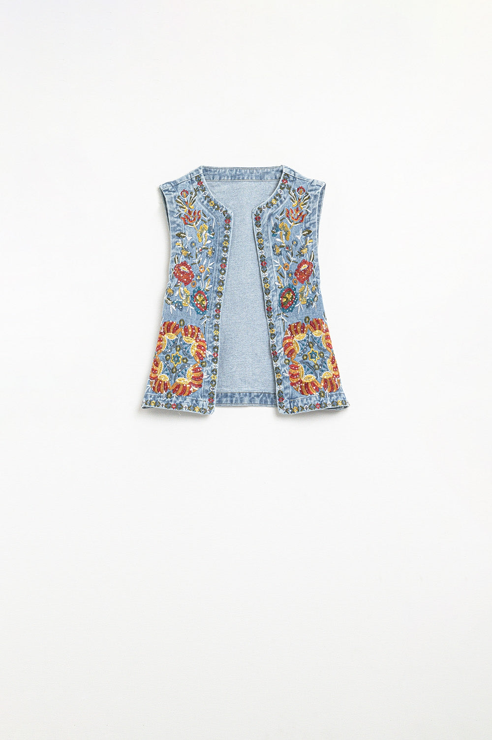Q2 Denim Vest with Floral Embroidery