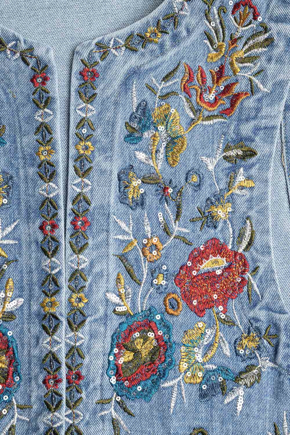 Denim Vest with Floral Embroidery
