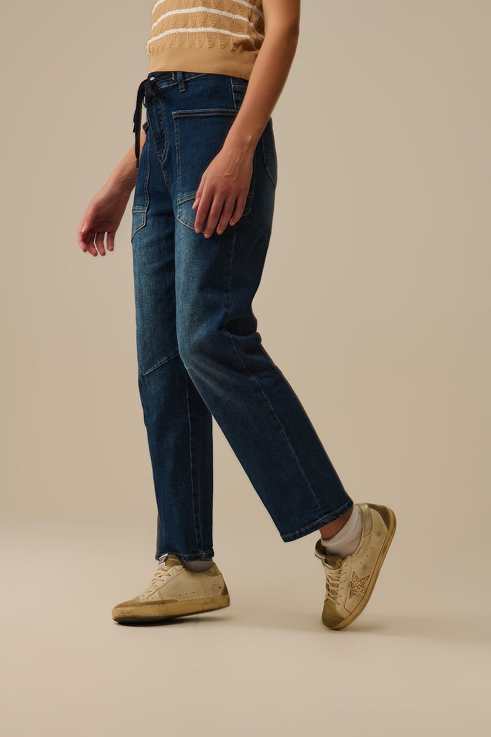 Drawstring Waist Wide-Leg Jeans in Dark wash