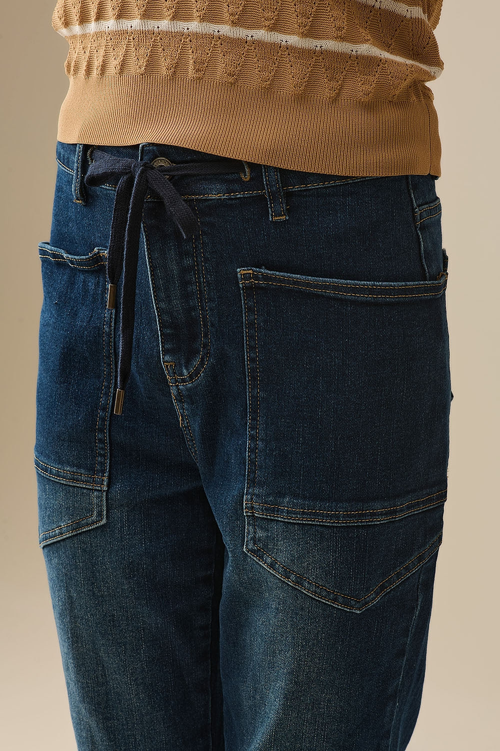 Drawstring Waist Wide-Leg Jeans in Dark wash