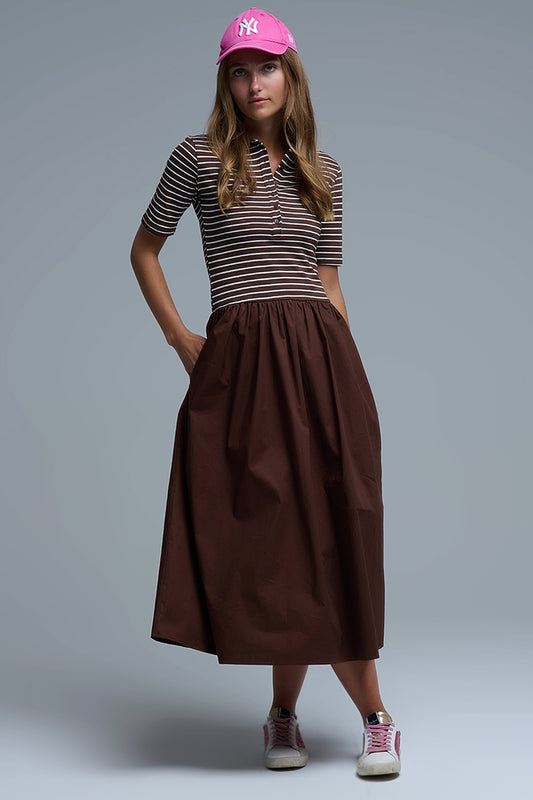 Q2 Dress With Polo Striped Top and Poplin midi Skirt in Brown