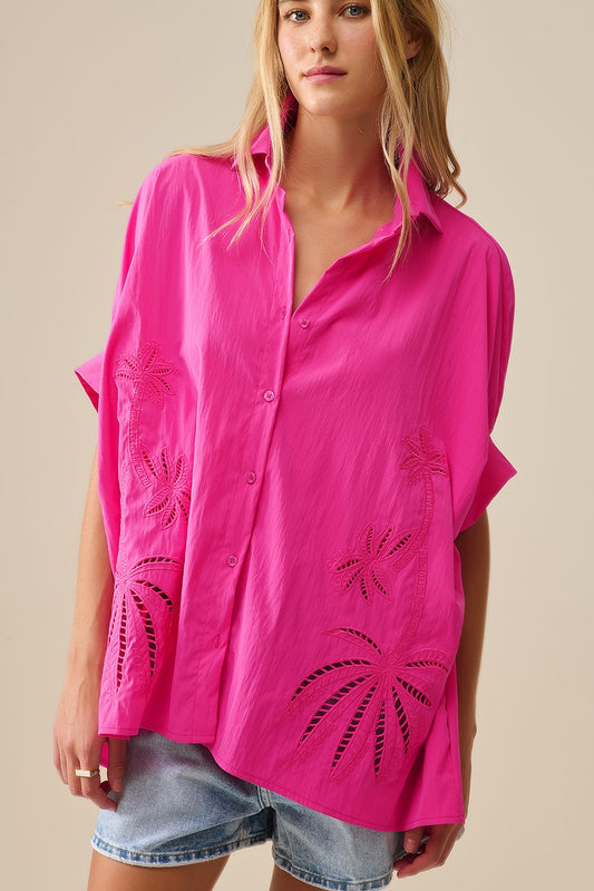 Q2 Embroidered Palm trees Fuchsia Oversized Shirt