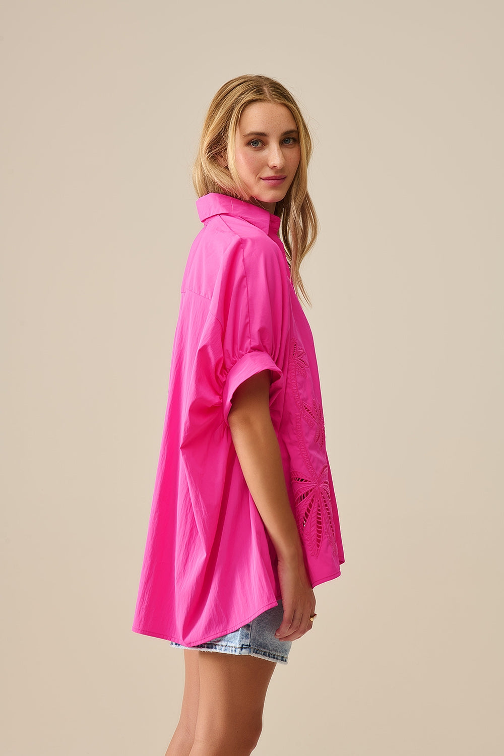 Embroidered Palm trees Fuchsia Oversized Shirt
