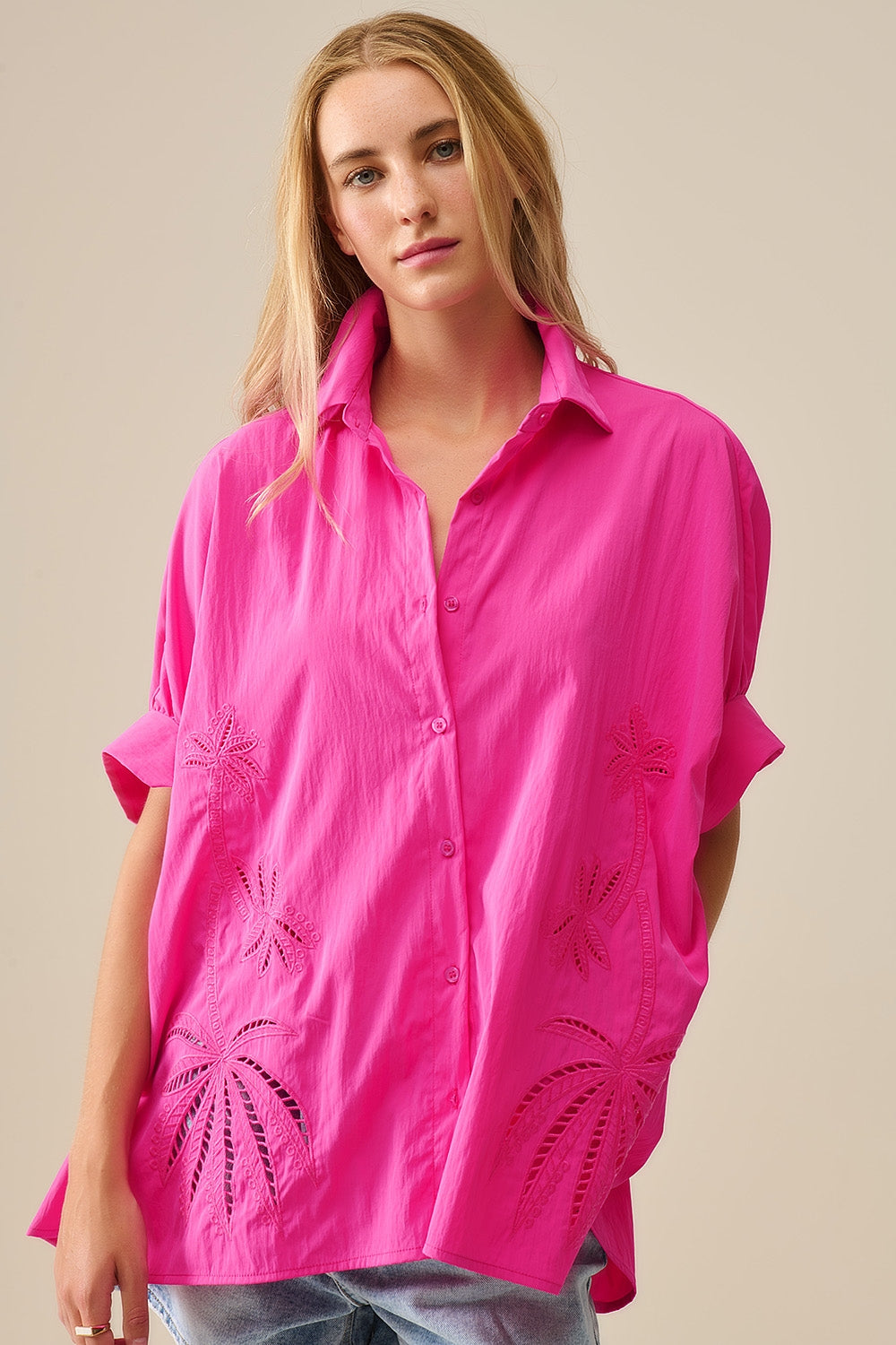 Embroidered Palm trees Fuchsia Oversized Shirt