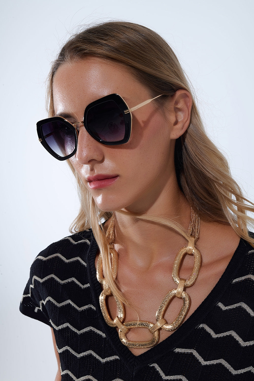 Extra Large Hexagonal Cat Eye Sunglasses in Black