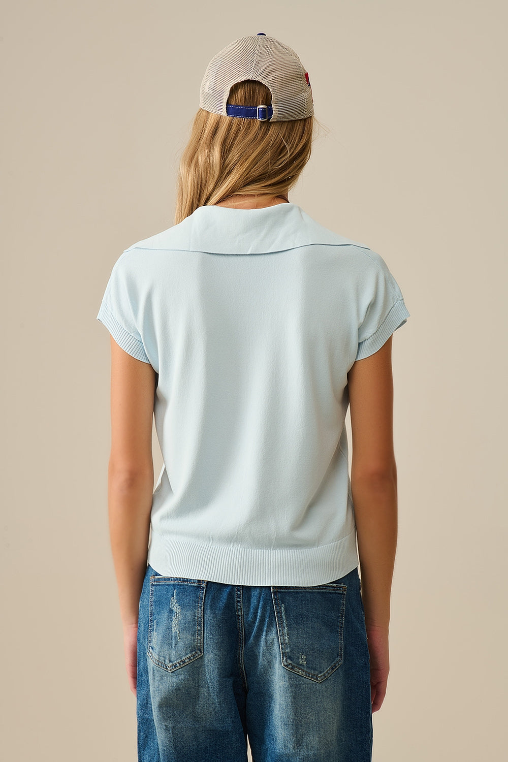 Fine Knit Polo-Style Short Sleeve Top in Baby Blue