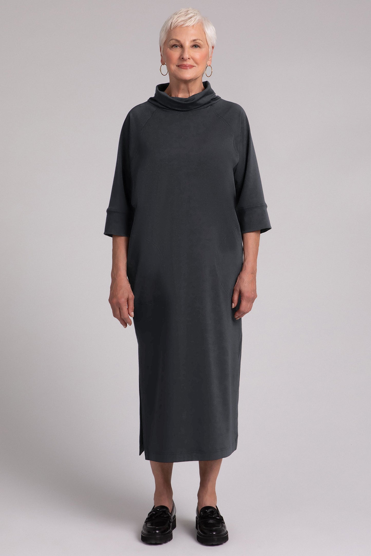 Fleece Back Jersey Cozy Raglan Funnel Neck Dress