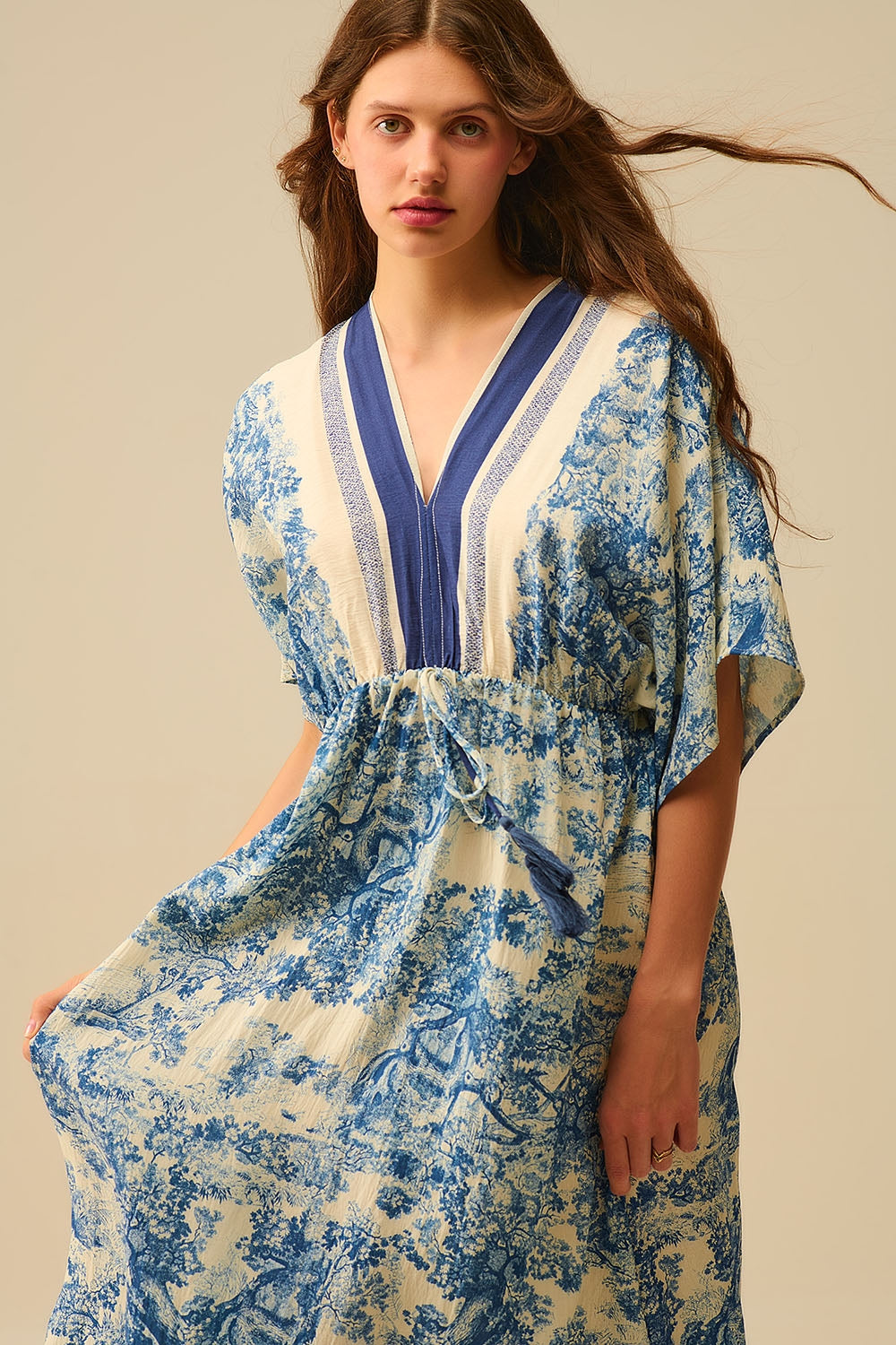 Flowy V-neck Dress with Toile de Jouy Print