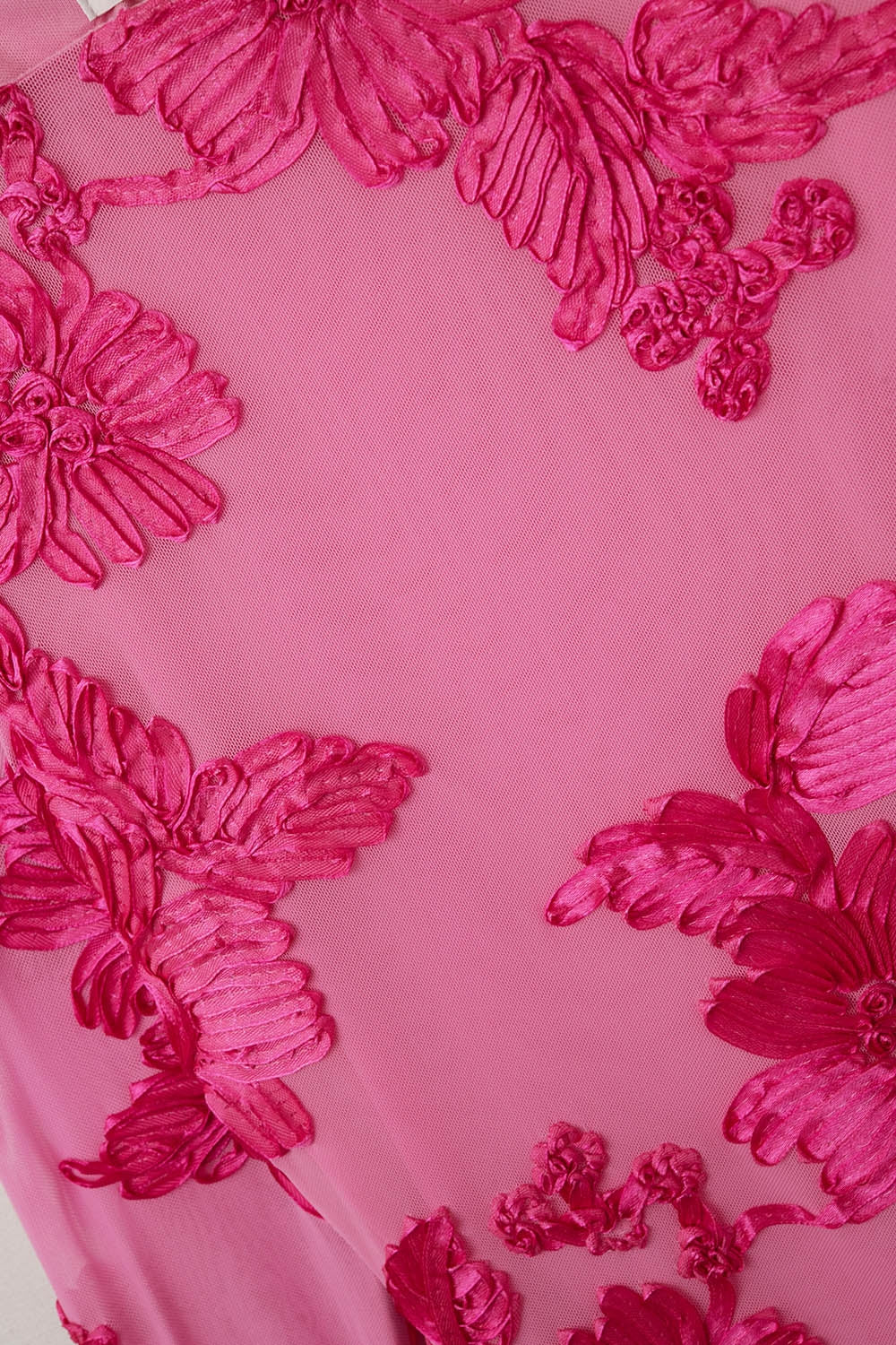 fuchsia chiffon mini dress with floral brocade