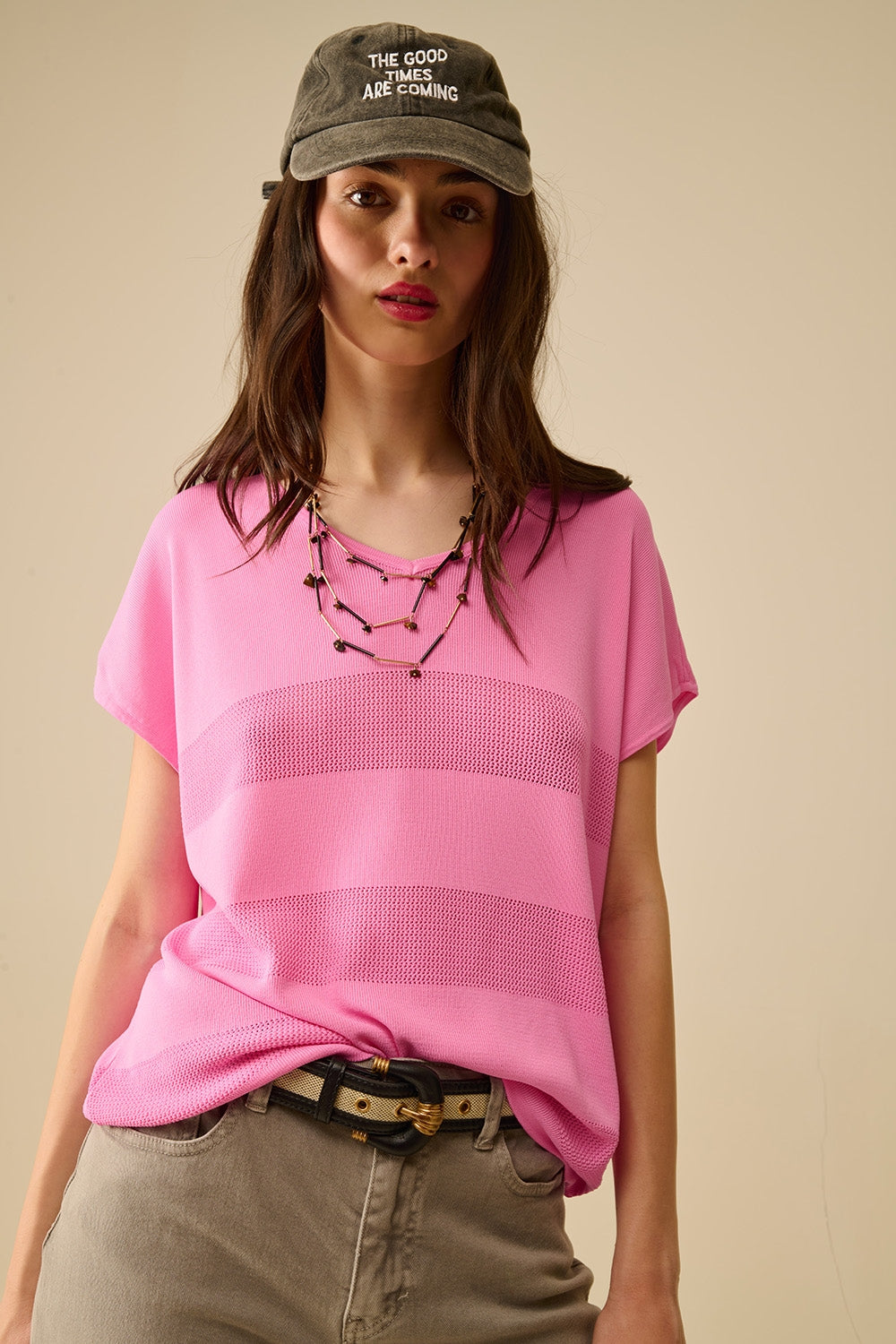 Fuchsia V-neck knit sweater with open stitch detail