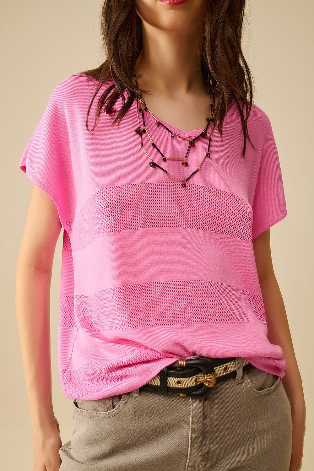 Fuchsia V-neck knit sweater with open stitch detail